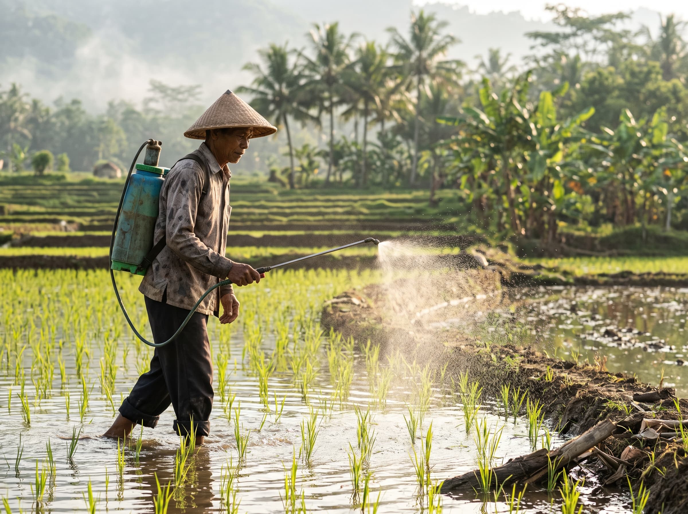 Petani bercaping menyemprotkan pupuk hayati cair di sawah padi muda