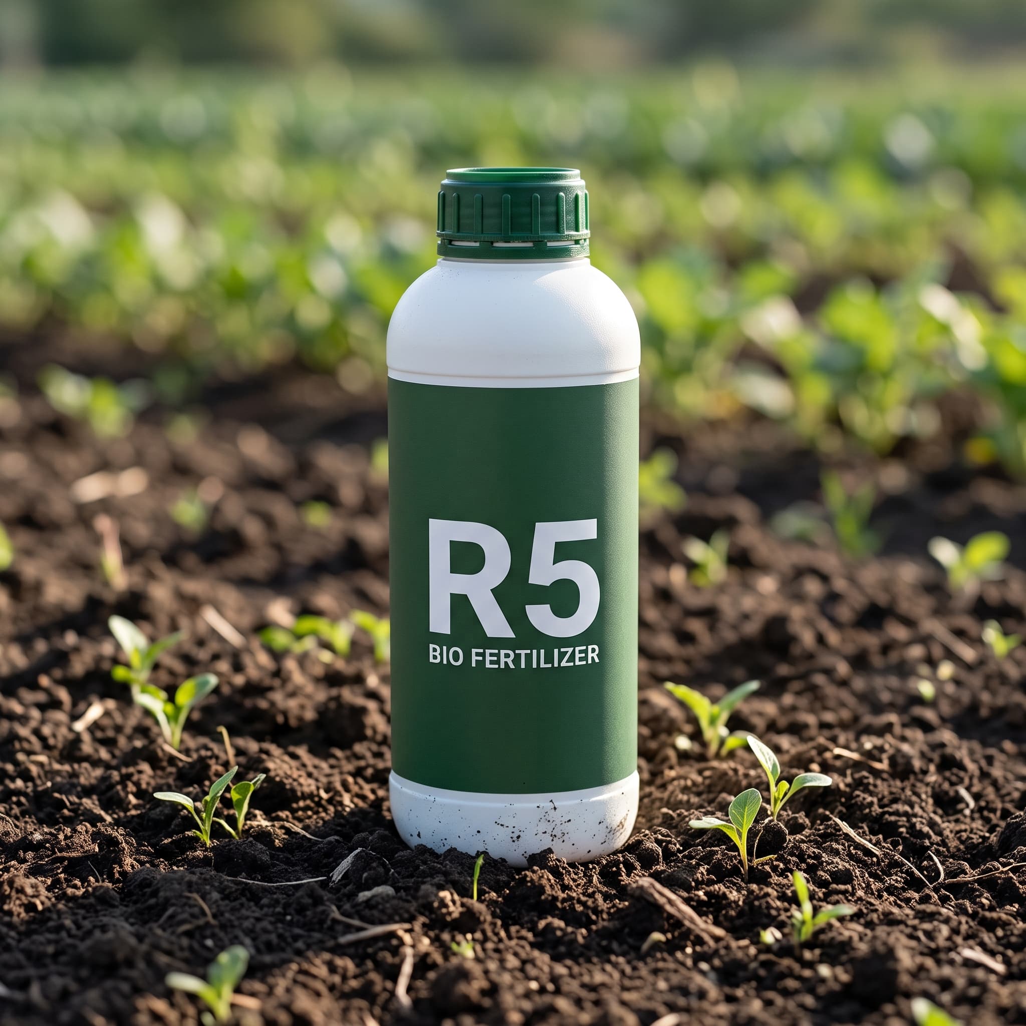Botol Bio Fertilizer R5 berlabel hijau di atas tanah gembur dengan bibit tanaman muda