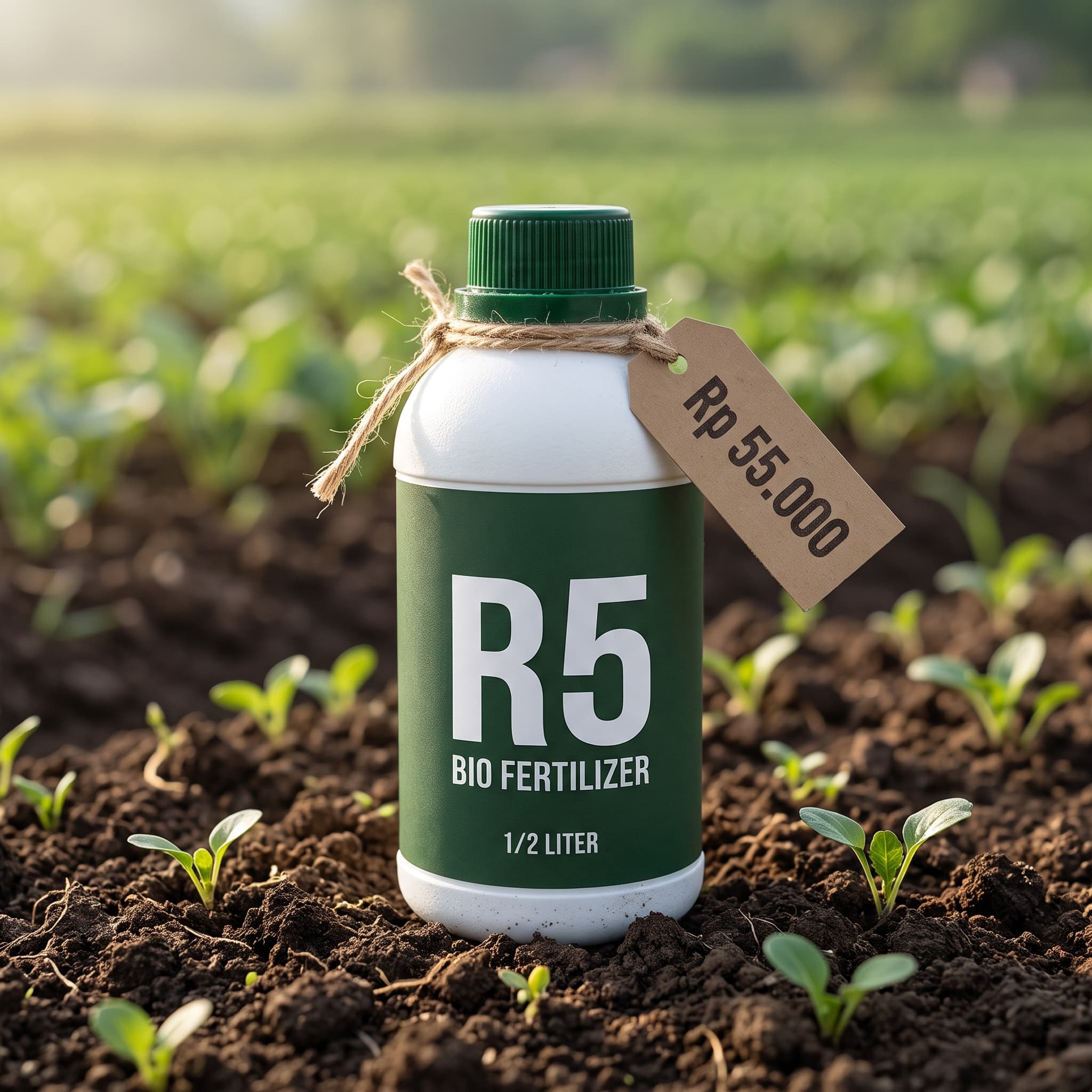 Botol Bio Fertilizer R5 kemasan 1/2 liter berlabel hijau dengan label harga Rp 55.000 di atas tanah gembur